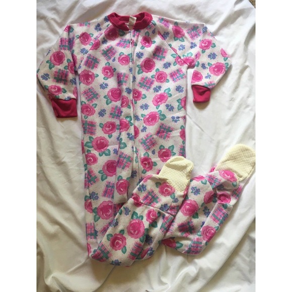 Vintage Girl's 6X/7 Fleece Footie Pajamas Pink Rose Print 80s 90s New Old Stock